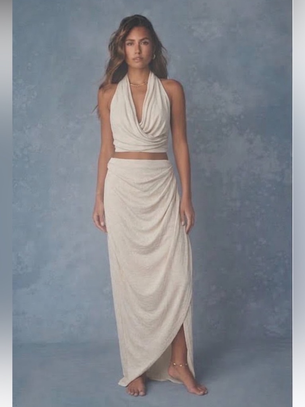 naked wardrobe Cream Halter Backless Draped Maxi 2pcs Set